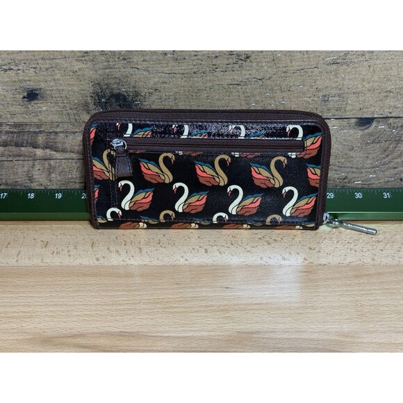NEW Authentic Fossil Key-Per Brown/Orange Swan Print Card Wallet Fall Colors - Picture 8 of 16